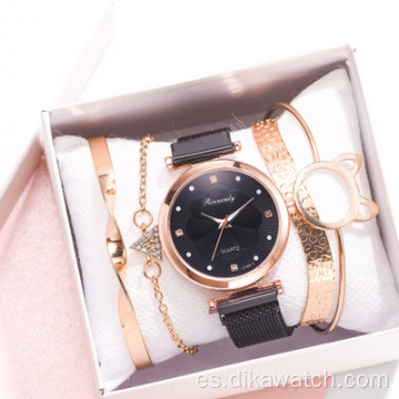 Conjunto de 5 uds de relojes de moda para Mujer, Reloj de pulsera de cuarzo con hebilla magnética de lujo con diamantes de imitación para Mujer, Reloj de pulsera de cuarzo para Mujer